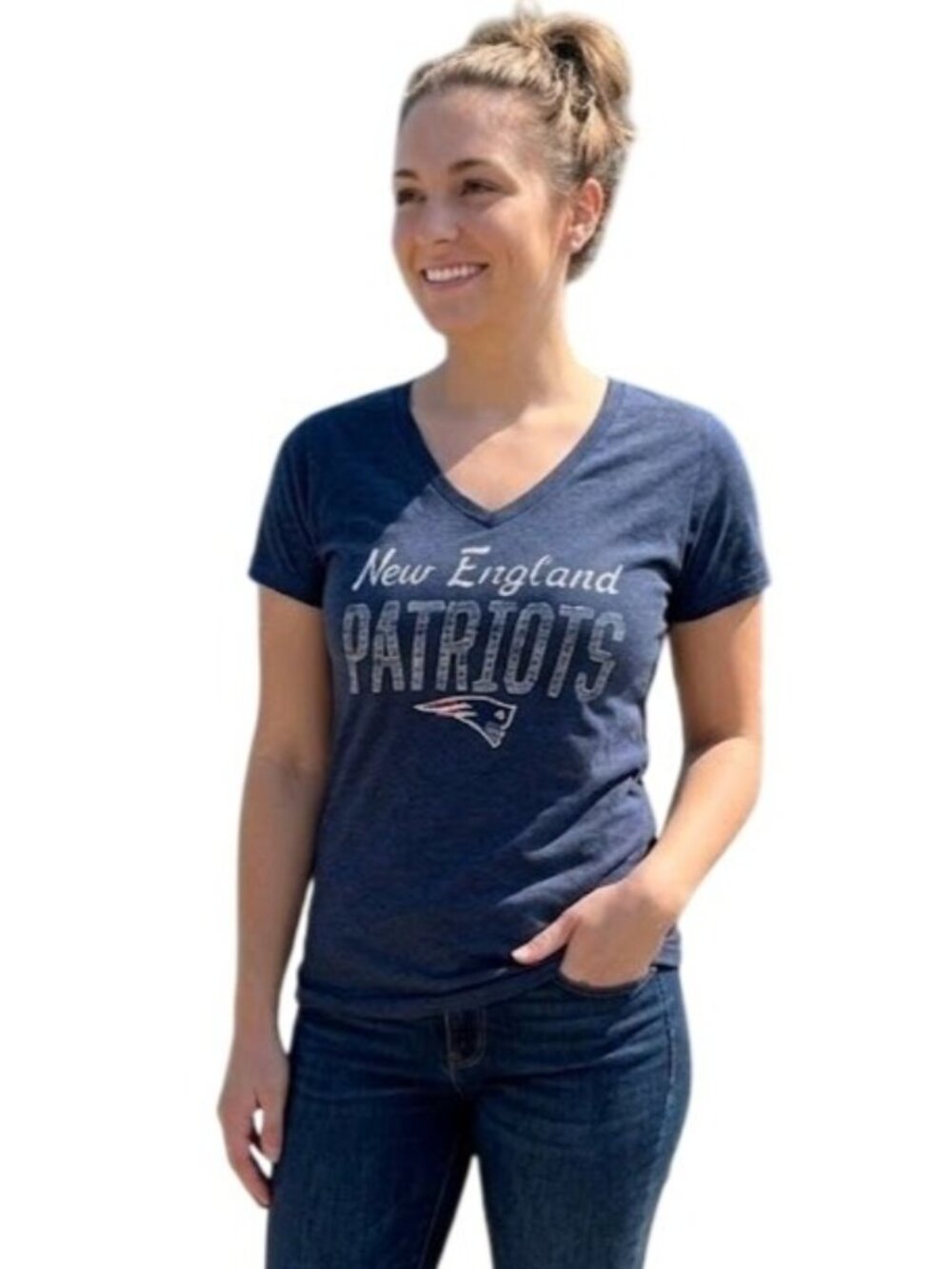 NFL Team Apparel Official New England Patriots Sz L V-Neck T-Shirt Navy Blue - Picture 2 of 9
